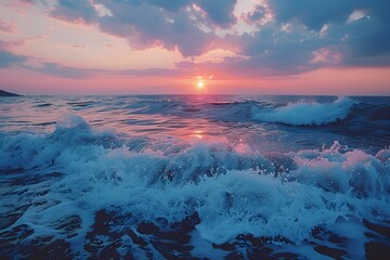 Beach sunset with strong waves and a mysterious atmosphere - obrazy, fototapety, plakaty
