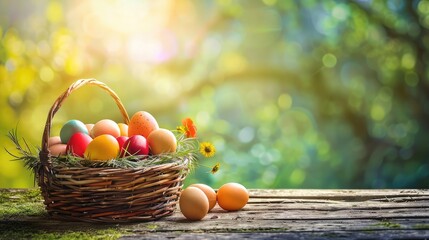 Basket of colorful chicken eggs on a wooden table in the chicken farm