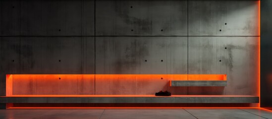 A wooden bench is positioned in front of a stark concrete wall in an abstract architectural setting. The minimalist design is accentuated by the rusted metal interior and neon lighting.