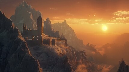 Mysterious medieval castle in the mountains against the backdrop of a magnificent summer sunset....