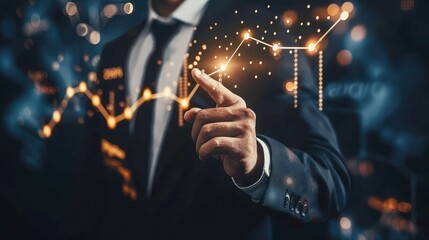 Businessman pointing arrow graph growth and financial network connection - obrazy, fototapety, plakaty