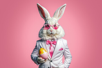Easter bunny in a white suit, tie and glasses holds an Easter egg on a pink background, copy space