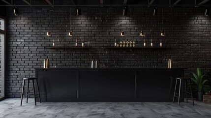 Creative black brick pub or bar interior with copy space on wall - obrazy, fototapety, plakaty