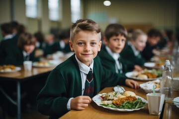 A schoolchild in the school cafeteria. Time of lunch break, peculiarities of the school meal, snack