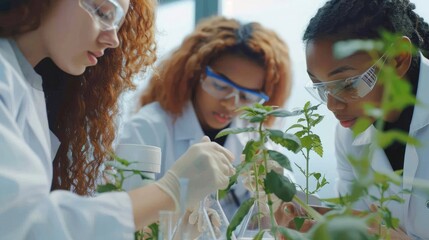 Multiethnic students analyzing plant experiment in school lab. Group of high school students in science laboratory understanding the study of roots.