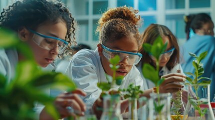 Multiethnic students analyzing plant experiment in school lab. Group of high school students in science laboratory understanding the study of roots.