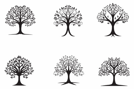 Decorative Trees Set Outline Vector Illustration On White Background