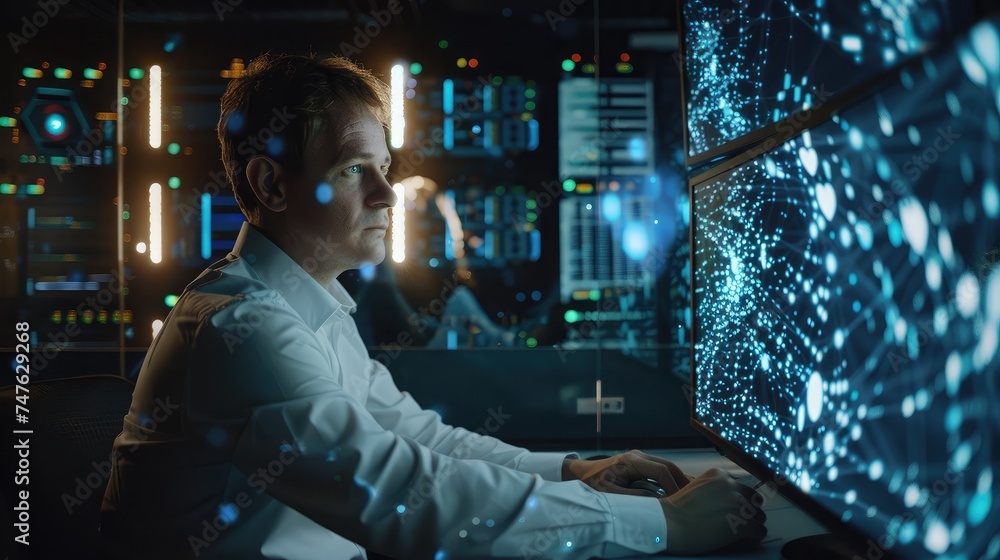 Poster system administration and machine learning engineer programming at his workstation. man plans and ca