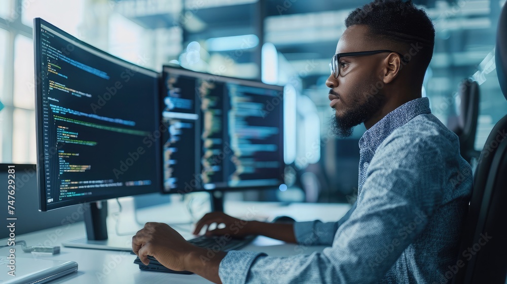 Poster system administration and machine learning engineer programming at his workstation. man plans and ca