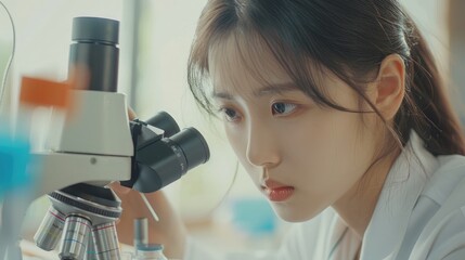Researcher asian woman wear lab cost work mixing test tube specialist sample chemist equipment with microscope at laboratory. Student young girl examining biotechnology health medical.