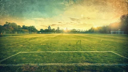 Schilderijen op glas textured free soccer field in the evening light - center, midfield with the soccer ball © buraratn