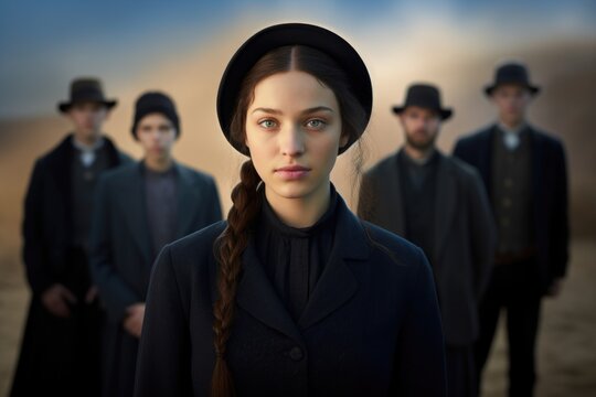 Portrayal of Amish people, traditional lifestyle, close bonds of community, rural simplicity, values of cultural richness, traditions of close-knit family friendly living group. village Country life.