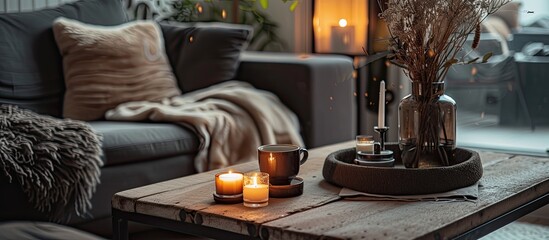 Fototapeta na wymiar An autumnal Scandinavian home decor living room featuring a cozy ambiance with a comfortable couch, a coffee table, and aroma candles.