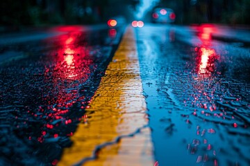 Rain drenched street at dusk, with the reflective sheen of red tail lights and yellow road markings...
