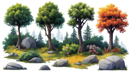 Obraz przedstawia drzewa i skały na białym tle. Drzewa mają zielone liście, a skały mają szarą barwę. Kompozycja skupia się na detalach natury. W tle las.
