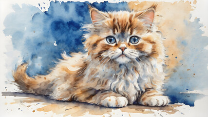 orange fluffy kitten, cute persian kitten watercolor illustration