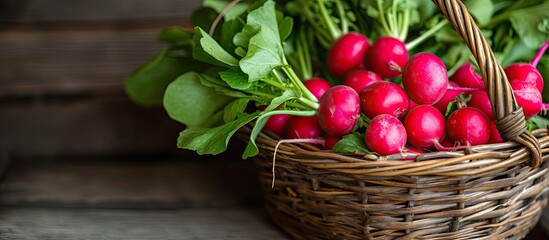 A vintage basket filled with an assortment of rustic radishes sits on top of a wooden table, showcasing the vibrant colors and textures of the fresh produce.