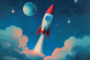 red and blue pastel colors, rocket ship heading to moon, pastel colors. start up. 