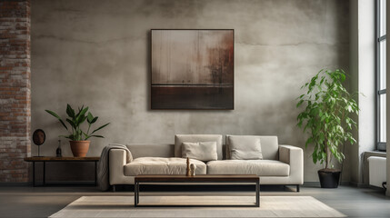 Stylowe industrialne wnętrze salonu z designerską szarą sofą, meblami, nowoczesnym obrazem, roślinami i eleganckimi akcesoriami osobistymi. Wystrój domu. Projektowanie wnętrz. Szablon.