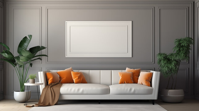 Stylowe minimalistyczne wnętrze salonu z designerską sofą, meblami, nowoczesnym obrazem i elegancką lamperią. Wystr&oacute;j domu. Mockup na ścianie na plakat. Projektowanie wnętrz. Szablon.