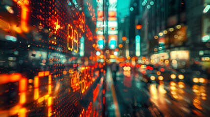 Obraz premium Captivating image of a person walking amidst vibrant city lights, rendered with a motion blur effect