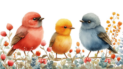 Trzy kolorowe małe ptaki siedzą na gałęzi z bujnymi kwiatami i liśćmi. Rodzinka ptaków, żółty dziecko, czerwona mama i niebieski tata. Styl watercolor painting. - obrazy, fototapety, plakaty