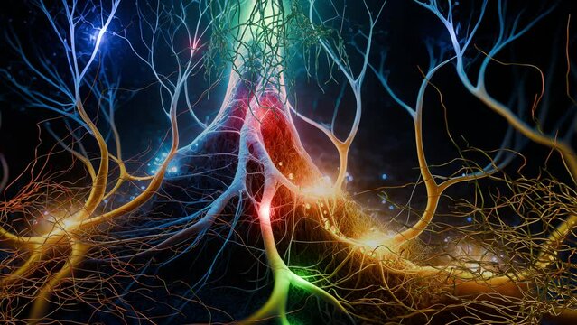 Mycelium network communication. Underground fungal root system distributing nutrients. Growing mycelium network, fungal root system. AI Image with applied 2 / 3d objects and particles animation. 