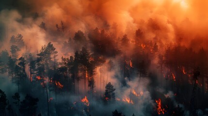 Rainforest fire, wildfire, smoke disaster is burning caused by humans during the dry season
