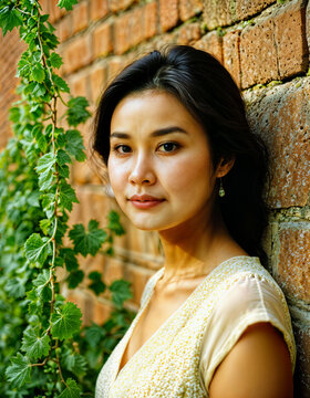 photo of beautiful asian woman standing at brick wall street, generative AI