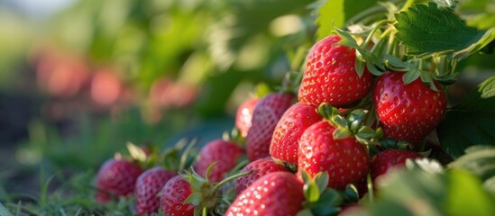 A vibrant photo capturing a multitude of fresh strawberries growing on a bush, showcasing the abundance of the harvest.