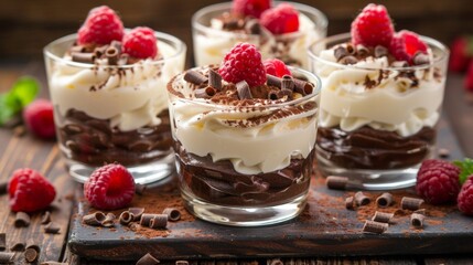 A close up of four glasses filled with chocolate, raspberries and whipped cream, AI