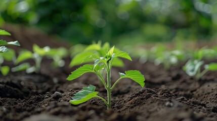 A small plant growing in a dirt field with other plants, AI