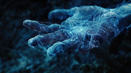 Finger forward, technology concept abstract wire frame hand with futuristic technology image, realistic background