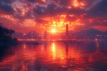 Sunset scenery of an enchanting coastal city - obrazy, fototapety, plakaty