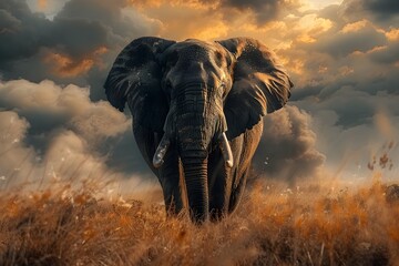 African elephant walking on the grassland - obrazy, fototapety, plakaty