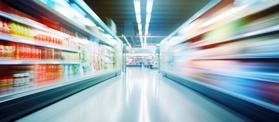 A blurred view of a grocery store aisle, showcasing shelves filled with various products and shoppers browsing for items.
