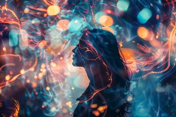 Fototapeta premium A surreal portrait of a female figure with dynamic light trails swirling around her
