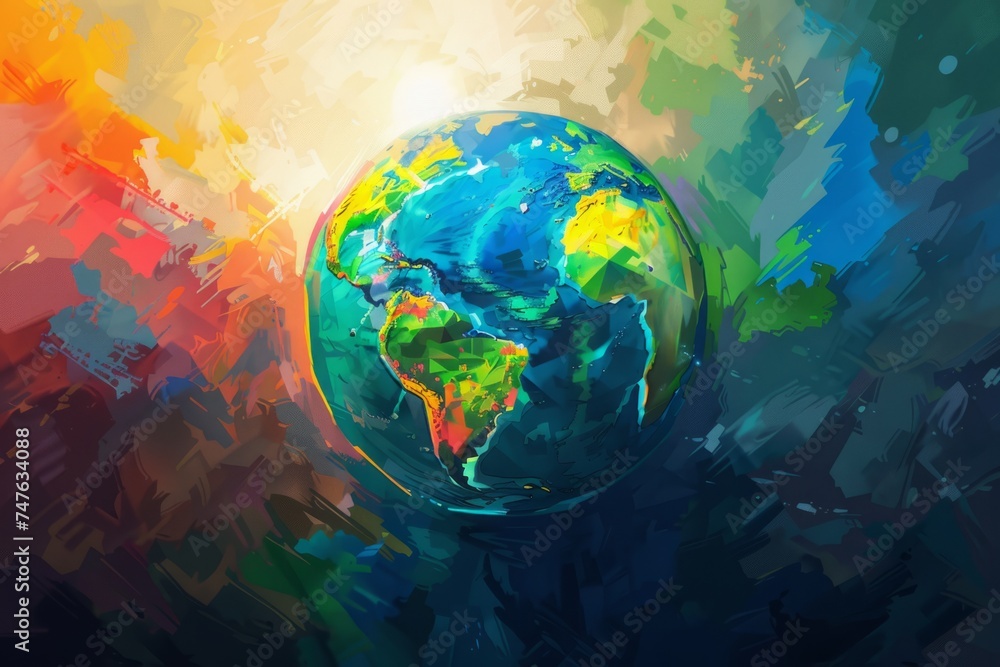 Poster a bright background surrounded by a globe with colored light flashing generative ai