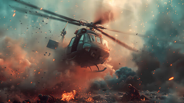 A surreal image of a helicopter flying over a battlefield. The rotors of the helicopter spinning fast. The soldiers fighting in the background, with guns and explosions.
