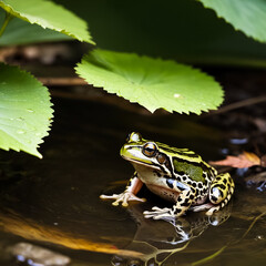 Obraz premium A frog sits in a puddle under the leaves. Generative AI
