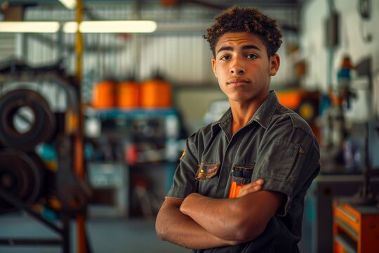 Young apprentice mechanic confidently stands in an industrial workshop environment