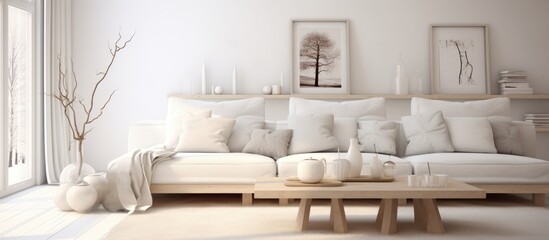 Fototapeta na wymiar This room features a stylish white couch and a modern coffee table, showcasing Scandinavian interior design. The simplicity and elegance of the furniture create a clean and inviting atmosphere.