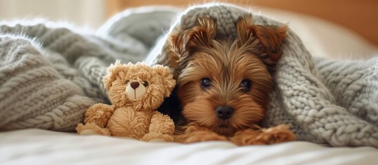 A small brown Yorkshire terrier puppy affectionately cuddles with a toy bear on top of a cozy bed covered with a warm blanket.