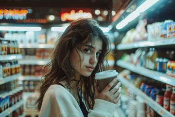 A young woman with messy hair holds a takeaway coffee cup, standing in a grocery store aisle