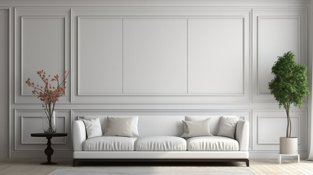 Stylowe minimalistyczne wnętrze salonu z designerską białą sofą, meblami, nowoczesnym obrazem, lamperią, roślinami i eleganckimi akcesoriami osobistymi. Wystr&oacute;j domu. Projektowanie wnętrz. Szablon.