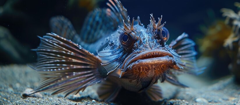 This close-up photo captures the Synanceiidae, a highly venomous fish, in a tank, showing its predatory behavior and unique features.