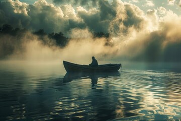 A tranquil scene as a single rower navigates a serene mist-covered lake under a dramatic cloudy sky - obrazy, fototapety, plakaty