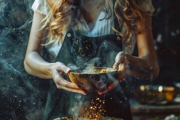 A woman's hands are seen sprinkling spices from a golden bowl, creating a dynamic scene with flying particles - obrazy, fototapety, plakaty