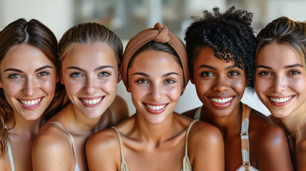 Fototapeta premium Joyful unity: Diverse women embrace happiness, women's day concept.