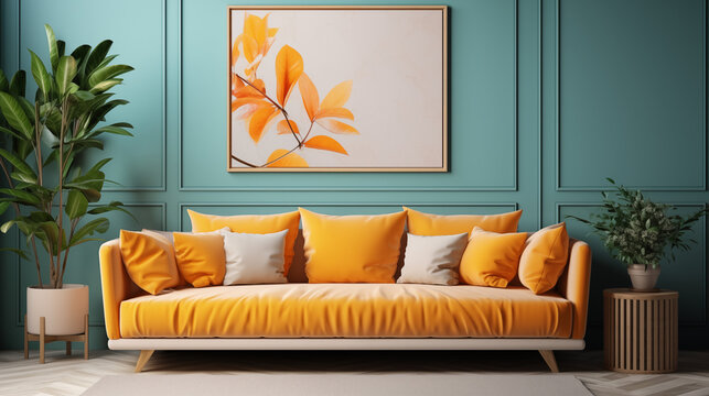 Stylowe eklektyczne boho wnętrze salonu z designerską ż&oacute;łtą sofą, meblami, nowoczesnym obrazem, roślinami i eleganckimi akcesoriami osobistymi. Wystr&oacute;j domu. Projektowanie wnętrz. Szablon.